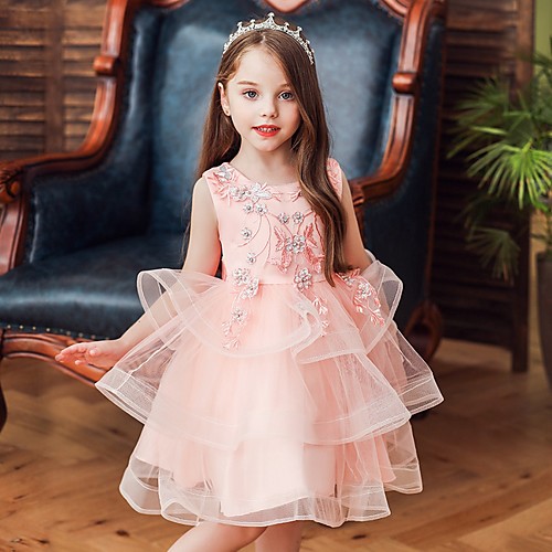 

Princess / Ball Gown Knee Length Wedding / Party Flower Girl Dresses - Satin / Tulle Sleeveless Jewel Neck with Bow(s) / Beading / Tier
