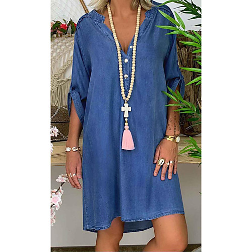 

Women's Shirt Dress Knee Length Dress - Short Sleeves Plain Summer V Neck Casual Boho Vacation 2020 Blue S M L XL / Denim
