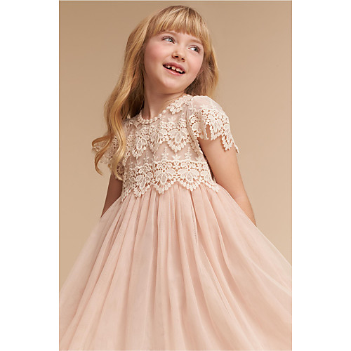 

A-Line Knee Length Wedding / Party Flower Girl Dresses - Lace / Tulle Cap Sleeve Jewel Neck with Solid