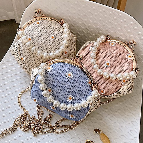 

Women's Straw Crossbody Bag Floral Print White / Blue / Blushing Pink