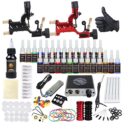 

DRAGONHAWK Tattoo Machine Starter Kit - 2 pcs Tattoo Machines with 1 x 30 ml / 28 x 5 ml tattoo inks, Professional Level, All in One, Easy to Install Alloy Mini power supply Case Not Included