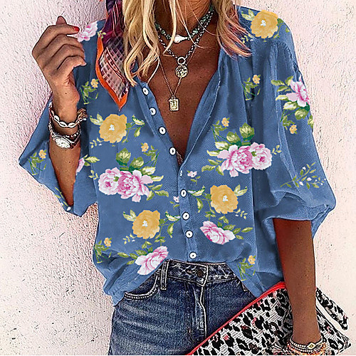 

Women's Shirt Floral Tops - Print V Neck Basic Daily Blue M L XL 2XL 3XL
