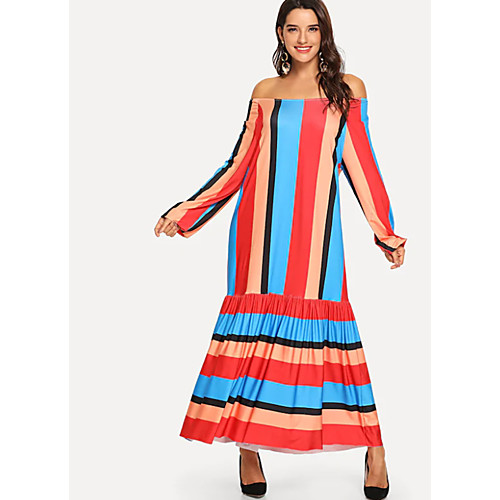 

Women's Trumpet / Mermaid Dress Maxi long Dress - Long Sleeve Striped Backless Ruffle Ruched Spring Summer Casual Boho Holiday Going out 2020 Orange S M L XL