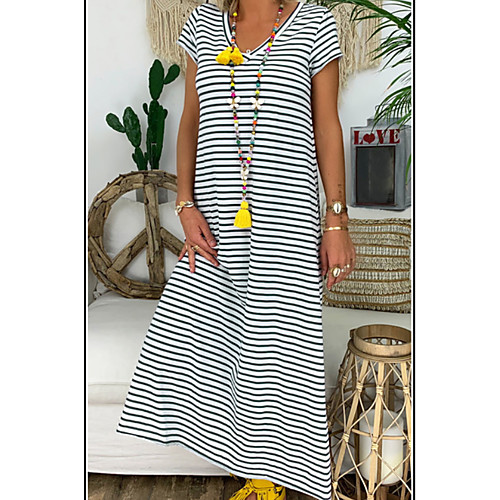 

Women's A-Line Dress Maxi long Dress - Short Sleeves Striped Summer Casual Chinoiserie 2020 Black Red S M L XL XXL XXXL