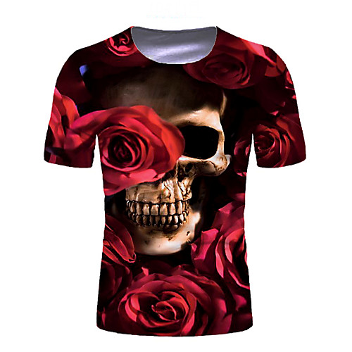 

Men's T shirt Floral Graphic Skull Short Sleeve Daily Tops Basic Elegant Red