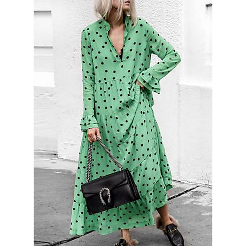 

Women's Swing Dress Maxi long Dress - Long Sleeve Polka Dot Summer Casual 2020 Green S M L XL XXL XXXL
