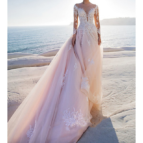 

A-Line Wedding Dresses Jewel Neck Court Train Lace Tulle Long Sleeve Country Sexy Wedding Dress in Color with Appliques 2020