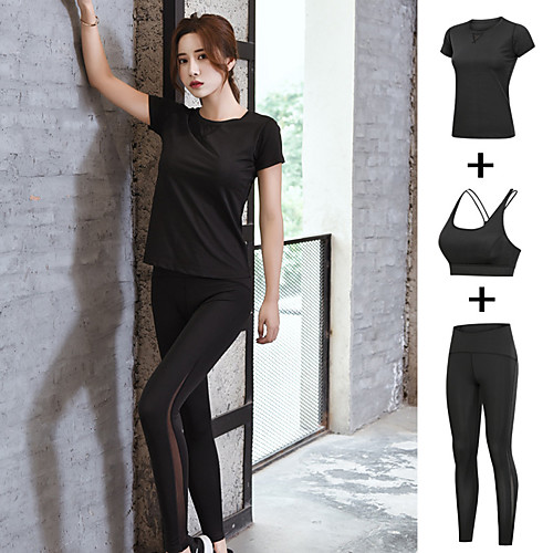 

Women's Mesh Mesh Tracksuit Activewear Set Workout Outfits 3pcs Round Running Fitness Jogging Breathable Quick Dry Moisture Wicking Sportswear Athletic Clothing Set Short Sleeve Activewear Stretchy