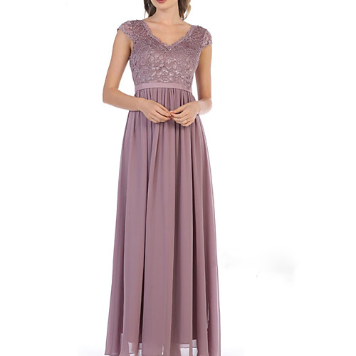 

A-Line Mother of the Bride Dress Elegant V Neck Floor Length Chiffon Lace Long Sleeve with Pleats Embroidery 2021