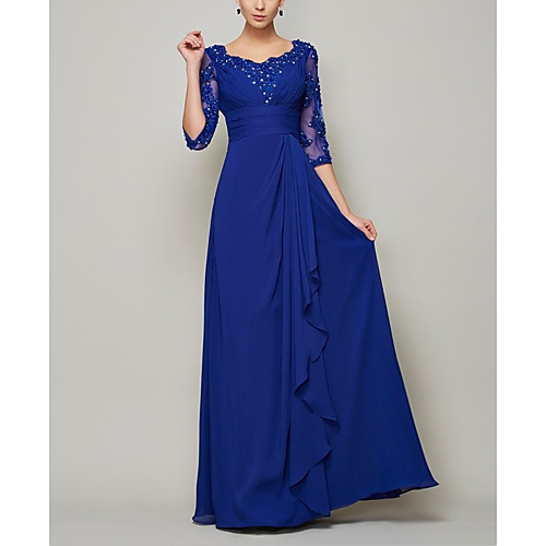 

A-Line Mother of the Bride Dress Elegant Scalloped Neckline Floor Length Chiffon Half Sleeve with Pleats Beading 2020