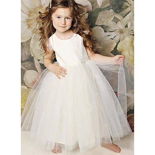 

A-Line Floor Length Wedding / Party Flower Girl Dresses - Lace / Satin / Tulle Sleeveless Jewel Neck with Solid