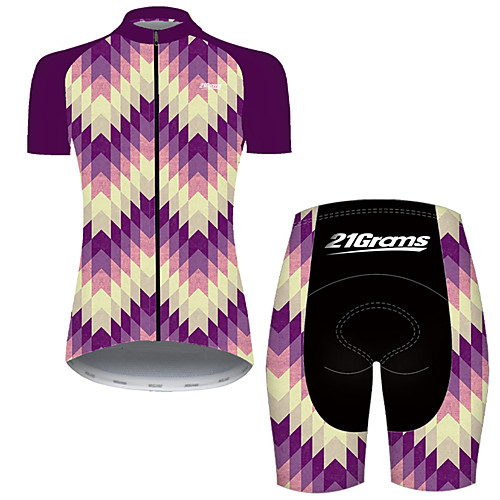 

21Grams Women's Short Sleeve Cycling Jersey with Shorts Nylon Polyester Violet 3D Stripes Gradient Bike Clothing Suit Breathable 3D Pad Quick Dry Ultraviolet Resistant Reflective Strips Sports 3D