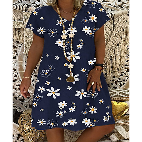 

Women's A-Line Dress Daisy Knee Length Dress - Short Sleeves Print Summer V Neck Casual Mumu 2020 Dusty Blue S M L XL XXL XXXL XXXXL