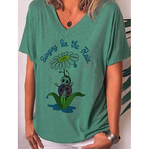 

Women's Tops Cartoon T-shirt V Neck Daily Summer White Blue Green S M L XL 2XL 3XL