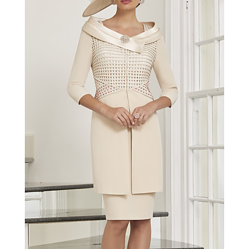 

Two Piece Sheath / Column Mother of the Bride Dress Elegant Scoop Neck Knee Length Satin 3/4 Length Sleeve with Beading Color Block 2020