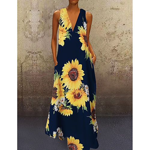 

Women's Shift Dress Maxi long Dress White Black Wine Green Navy Blue Sleeveless Print V Neck S L XL XXL 3XL 4XL 5XL