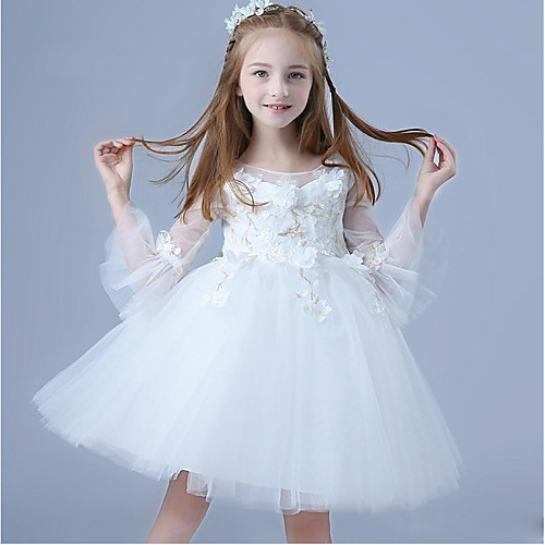 

Princess / A-Line Knee Length Wedding / Party Flower Girl Dresses - Tulle 3/4 Length Sleeve Jewel Neck with Appliques / Solid
