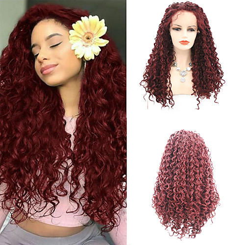 

Synthetic Lace Front Wig Curly Afro Curly Free Part Lace Front Wig Long Burgundy Synthetic Hair 18-26 inch Women's Cosplay Soft Adjustable Burgundy