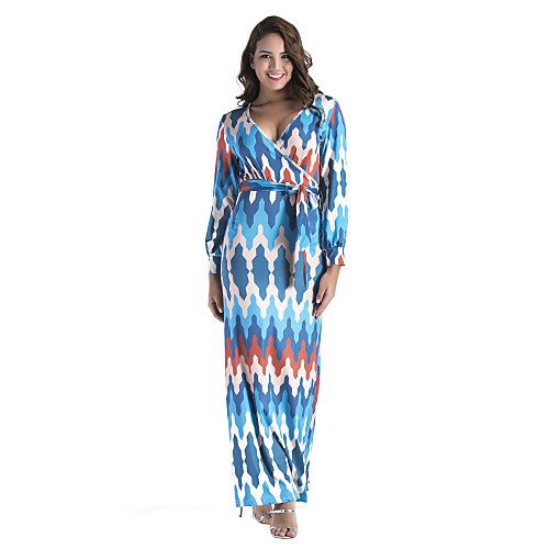 

Women's Sheath Dress Maxi long Dress - Long Sleeve Geometric Fall Sexy 2020 Blue L XL XXL XXXL