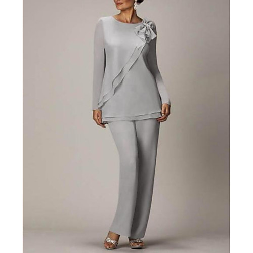 

Pantsuit / Jumpsuit Mother of the Bride Dress Elegant Jewel Neck Floor Length Chiffon Long Sleeve with Bow(s) 2021