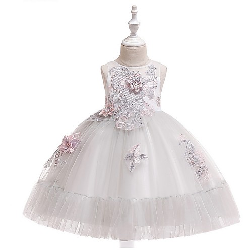 

Princess / Ball Gown Knee Length Wedding / Party Flower Girl Dresses - Tulle Sleeveless Jewel Neck with Bow(s) / Beading / Appliques