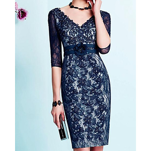 

Sheath / Column Mother of the Bride Dress Elegant V Neck Knee Length Lace 3/4 Length Sleeve with Appliques 2020