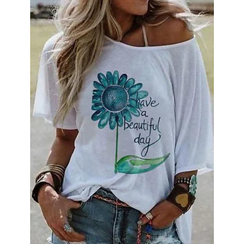 

Women's T shirt Floral Flower Round Neck Tops Basic Top White Yellow