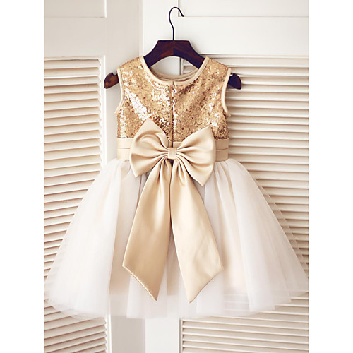 

A-Line Knee Length Pageant Flower Girl Dresses - Tulle / Sequined Sleeveless Jewel Neck with Bow(s) / Sequin