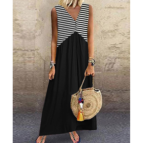 

Women's A-Line Dress Maxi long Dress - Sleeveless Striped Summer Casual Boho Daily 2020 Black M L XL XXL XXXL
