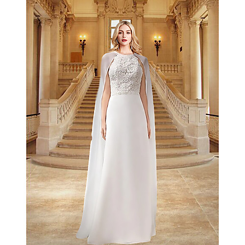 

Two Piece A-Line Wedding Dresses Jewel Neck Sweep / Brush Train Chiffon Lace Sleeveless Sexy Backless Cape with Embroidery 2020 / Yes