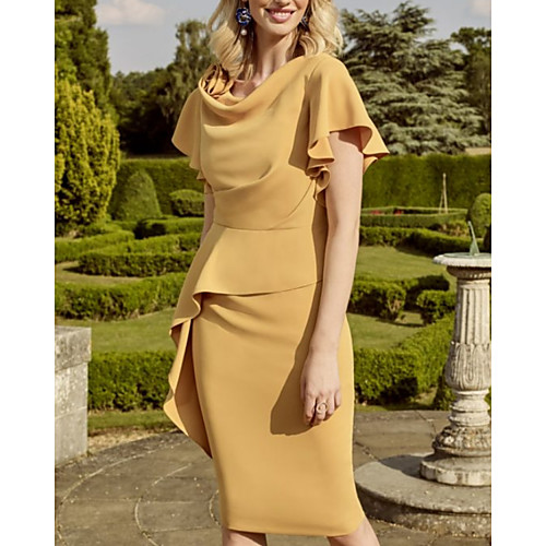 

Sheath / Column Mother of the Bride Dress Elegant Cowl Neck Knee Length Stretch Satin Short Sleeve with Ruching 2020