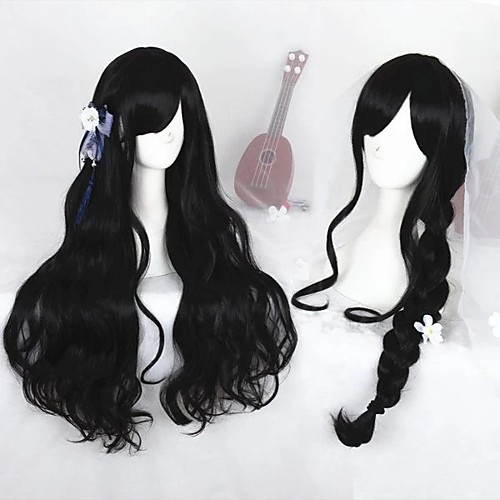 

Cosplay Wig Lolita Curly Cosplay Halloween Asymmetrical With Bangs Wig Long Natural Black Synthetic Hair 31 inch Women's Anime Cosplay Comfortable Black