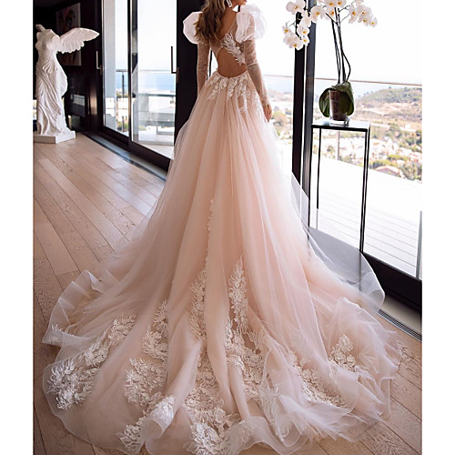 

A-Line Wedding Dresses Jewel Neck Court Train Lace Tulle Long Sleeve Country Sexy See-Through with Embroidery 2020