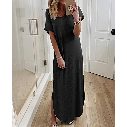 

Women's T Shirt Dress Maxi long Dress - Short Sleeves Solid Color Summer Casual 2020 White Black Gray S M L XL XXL