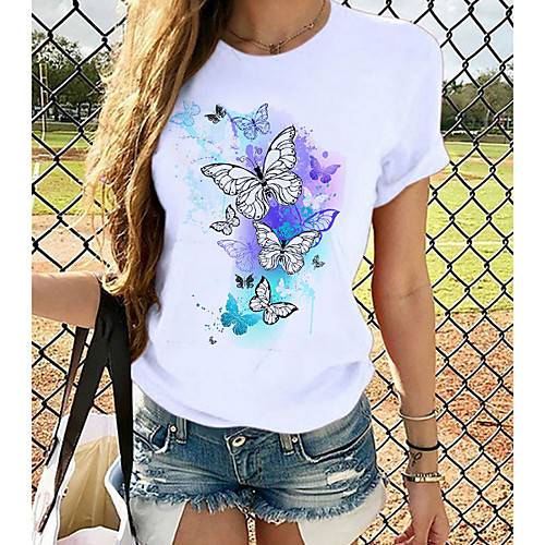 

Women's T-shirt Butterfly Graphic Prints Round Neck Tops Loose 100% Cotton Basic Top White