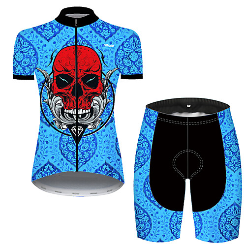 

21Grams Women's Short Sleeve Cycling Jersey with Shorts Nylon Polyester Black / Blue Patchwork Skull Bike Clothing Suit Breathable 3D Pad Quick Dry Ultraviolet Resistant Reflective Strips Sports