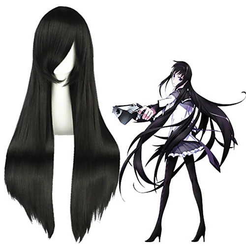 

Cosplay Wig Homura Akemi Puella Magi Madoka Magica Straight Cosplay Asymmetrical With Bangs Wig Very Long Black Synthetic Hair 32 inch Women's Anime Cosplay Women Black