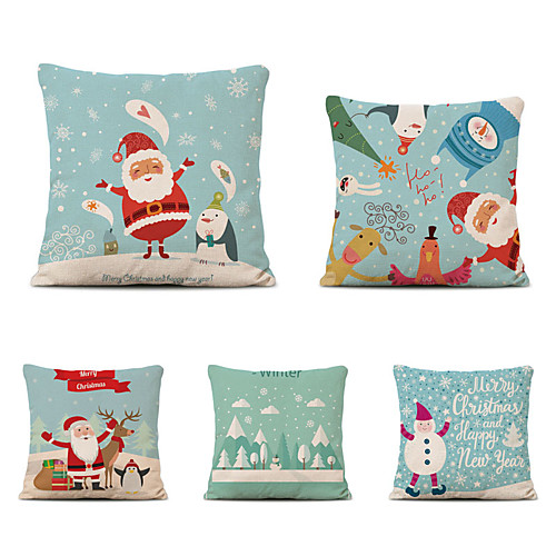 

Set of 5 Linen Pillow Cover Special Design Cartoon Traditional Christmas Throw Pillow