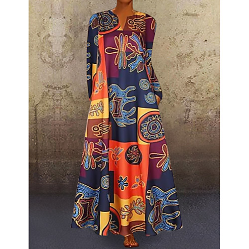 

Women's Shift Dress Maxi long Dress Red Yellow Long Sleeve Geometric V Neck Hot Elegant M L XL XXL 3XL