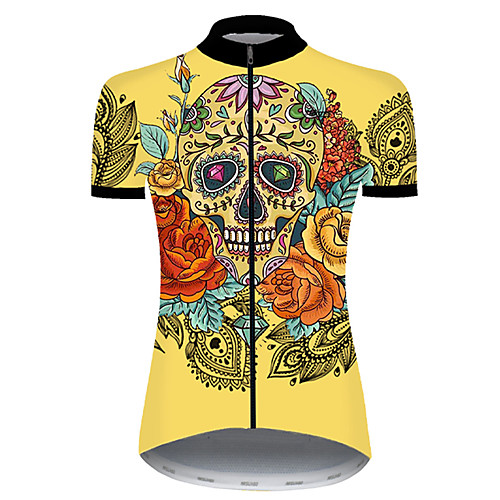 

21Grams Women's Short Sleeve Cycling Jersey Nylon Polyester Black / Yellow Skull Floral Botanical Funny Bike Jersey Top Mountain Bike MTB Road Bike Cycling Breathable Quick Dry Ultraviolet Resistant