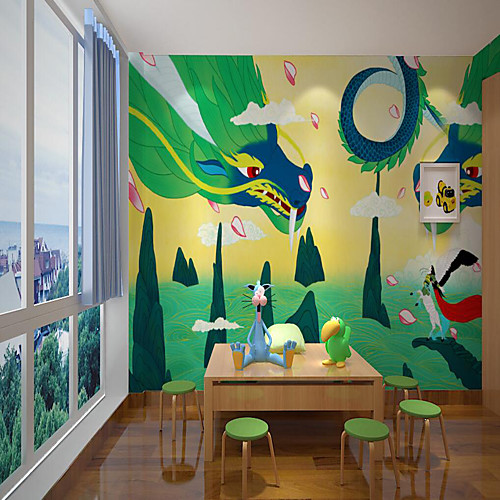 

Art Deco Home Decoration Custom Self Adhesive Mural Wallpaper Flying Dragon Children Cartoon Style Suitable For Bedroom