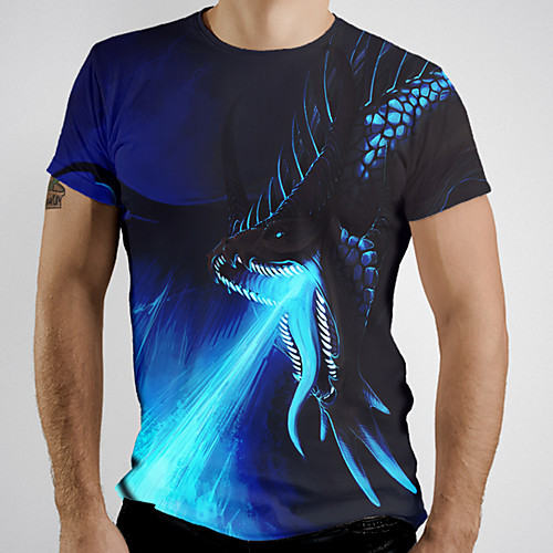 

Men's T shirt Graphic Flame Animal Print Short Sleeve Daily Tops Basic Blue