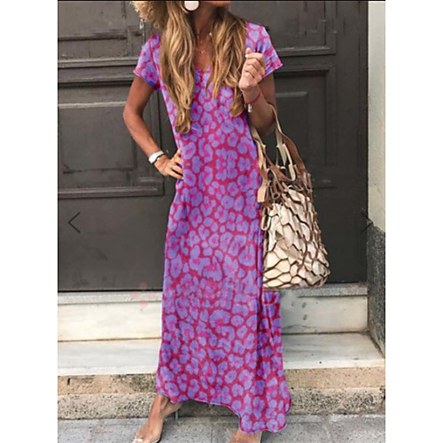 

Women's A-Line Dress Maxi long Dress - Short Sleeves Tie Dye Summer Casual Chinoiserie 2020 Blue Purple Red Fuchsia S M L XL XXL XXXL