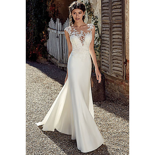 

A-Line Wedding Dresses Bateau Neck Court Train Chiffon Lace Tulle Cap Sleeve Illusion Detail Backless with Lace Appliques 2020