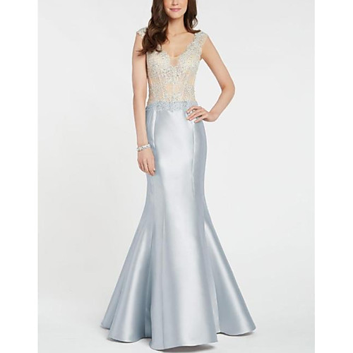 

Mermaid / Trumpet Mother of the Bride Dress Elegant V Neck Floor Length Lace Satin Sleeveless with Embroidery 2020