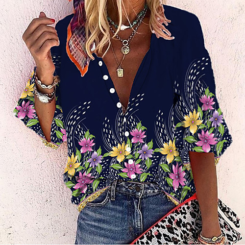 

Women's Shirt Floral Tops - Print Shirt Collar Basic Daily Blue M L XL 2XL 3XL
