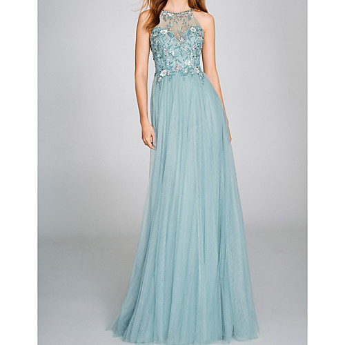 

A-Line Beautiful Back Floral Engagement Formal Evening Dress Halter Neck Sleeveless Floor Length Tulle with Pleats Beading 2020