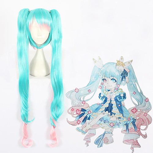 

Cosplay Wig Snow Miku 2019 Vocaloid Curly Cosplay With 2 Ponytails With Bangs Wig Very Long Blue Synthetic Hair 47 inch Women's Anime Cosplay Ombre Hair Blue