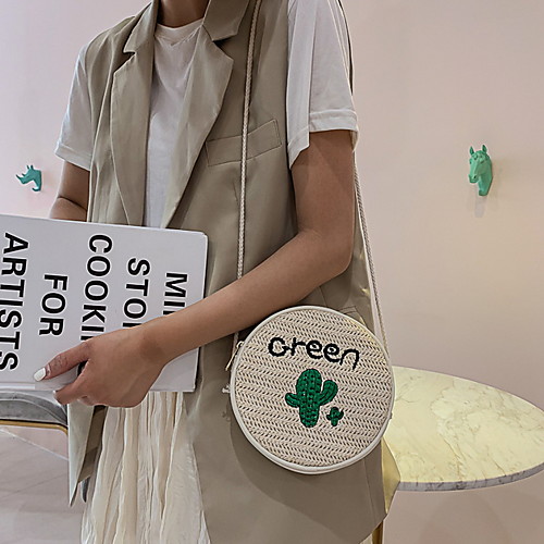 

Women's Zipper Straw Crossbody Bag Embroidery White / Khaki / Brown