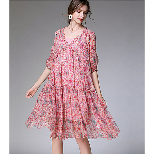 

Women's Chiffon Dress Knee Length Dress - Short Sleeves Print Summer Casual Chinoiserie 2020 Blushing Pink XL XXL XXXL XXXXL